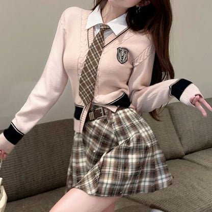 Set: Mock Two-Piece Collared Cardigan + Plaid Tie