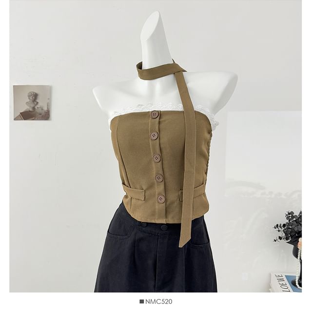 Lace Trim Button Crop Tube Top with Matching Scarf Set