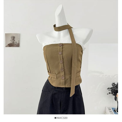 Lace Trim Button Crop Tube Top with Matching Scarf Set