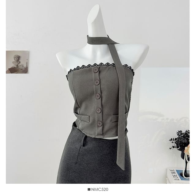 Lace Trim Button Crop Tube Top with Matching Scarf Set