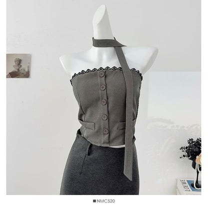 Lace Trim Button Crop Tube Top with Matching Scarf Set