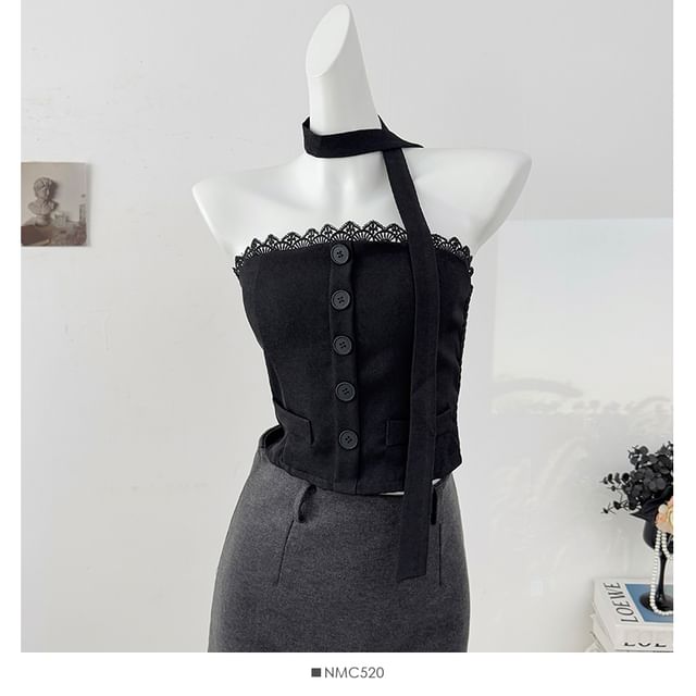 Lace Trim Button Crop Tube Top with Matching Scarf Set