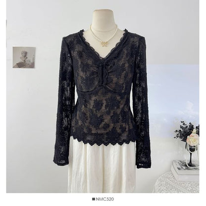 Slim-Fit Lace V-Neck Long Sleeve Tee