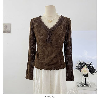 Slim-Fit Lace V-Neck Long Sleeve Tee