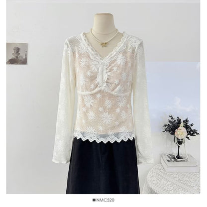 Slim-Fit Lace V-Neck Long Sleeve Tee