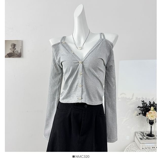Ribbed Cold Shoulder Crop Top with V-Neck and Long Sleeves