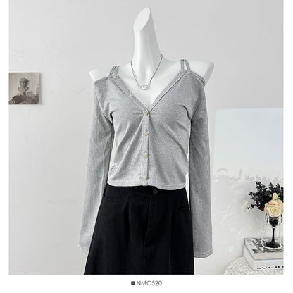 Ribbed Cold Shoulder Crop Top with V-Neck and Long Sleeves