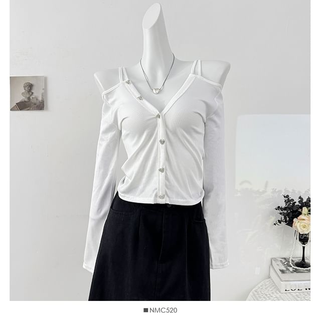 Ribbed Cold Shoulder Crop Top with V-Neck and Long Sleeves