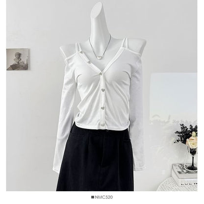 Ribbed Cold Shoulder Crop Top with V-Neck and Long Sleeves
