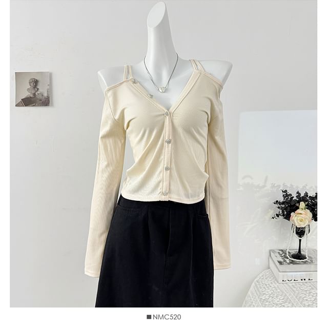 Ribbed Cold Shoulder Crop Top with V-Neck and Long Sleeves