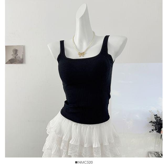 Padded Ribbed Square-Neck Crop Tank with Lace Accent