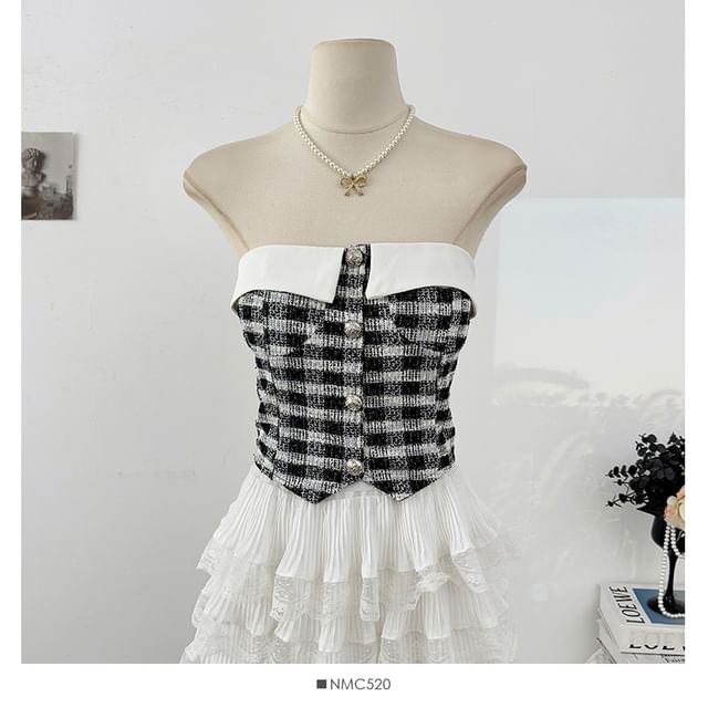 Tweed Checker Crop Tube Blouse with Button Closure