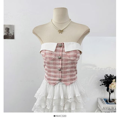 Tweed Checker Crop Tube Blouse with Button Closure