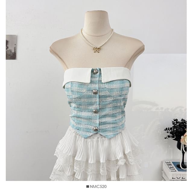 Tweed Checker Crop Tube Blouse with Button Closure