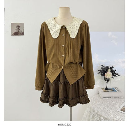 Corduroy Long Sleeve Blouse with Pintuck Collar and Lace Detail