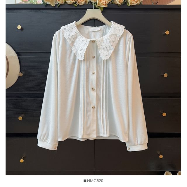 Corduroy Long Sleeve Blouse with Pintuck Collar and Lace Detail