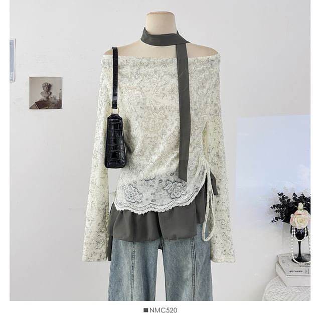 Cowl Neck Drawstring Lace Top with Ruffle Hem and Scarf Set