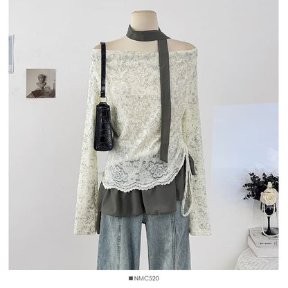 Cowl Neck Drawstring Lace Top with Ruffle Hem and Scarf Set