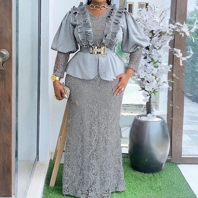 Long-Sleeve V-Neck Lace Panel Ruffle Trim Mermaid Evening Gown