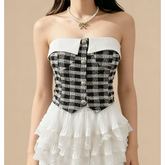 Tweed Checker Crop Tube Blouse with Button Closure