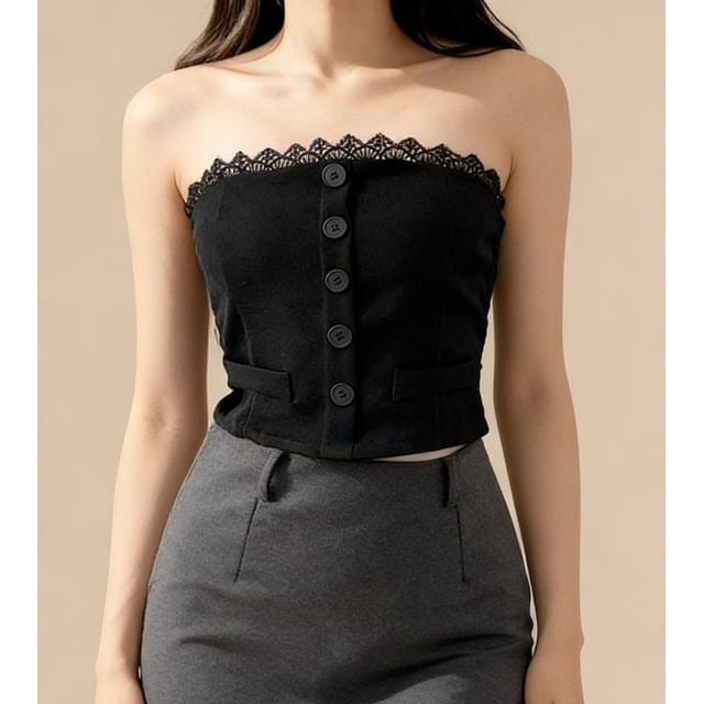 Lace Trim Button Crop Tube Top with Matching Scarf Set