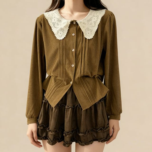 Corduroy Long Sleeve Blouse with Pintuck Collar and Lace Detail