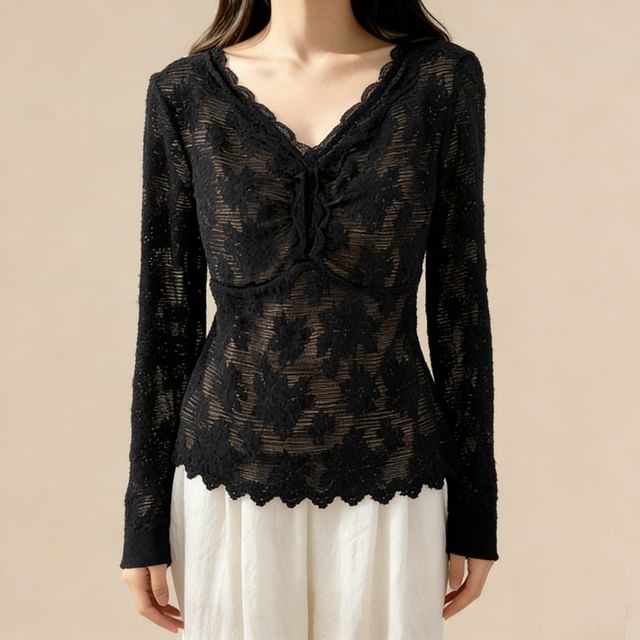 Slim-Fit Lace V-Neck Long Sleeve Tee