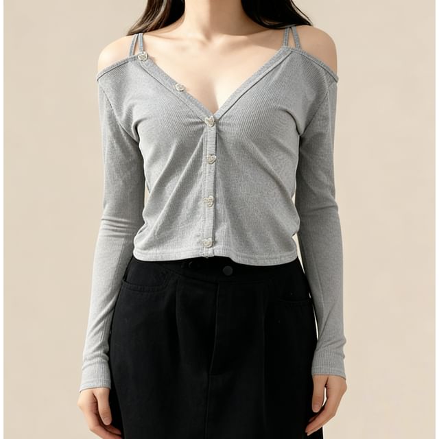 Ribbed Cold Shoulder Crop Top with V-Neck and Long Sleeves