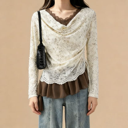 Cowl Neck Drawstring Lace Top with Ruffle Hem and Scarf Set