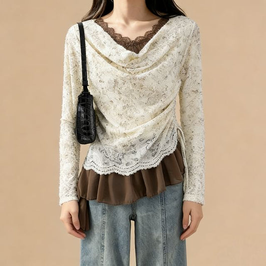 Cowl Neck Drawstring Lace Top with Ruffle Hem and Scarf Set
