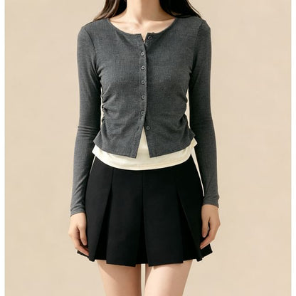 Two-Tone Ruched Button Crop Top with Crew Neck and Long Sleeves