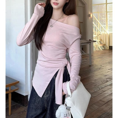 Off-Shoulder Knotted Slim Tee with Long Sleeves