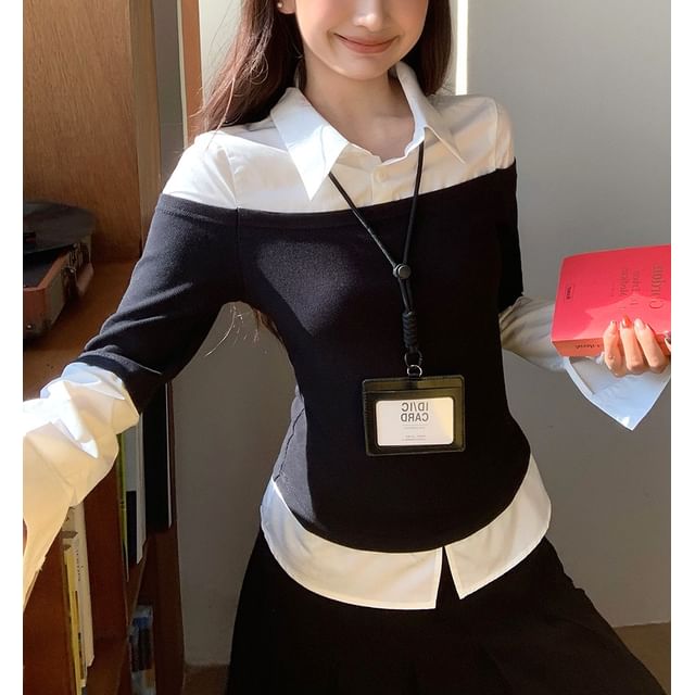 Color-Block Slim Shirt with Mock Two-Piece Style