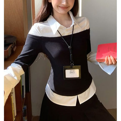 Color-Block Slim Shirt with Mock Two-Piece Style