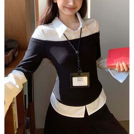 Color-Block Slim Shirt with Mock Two-Piece Style