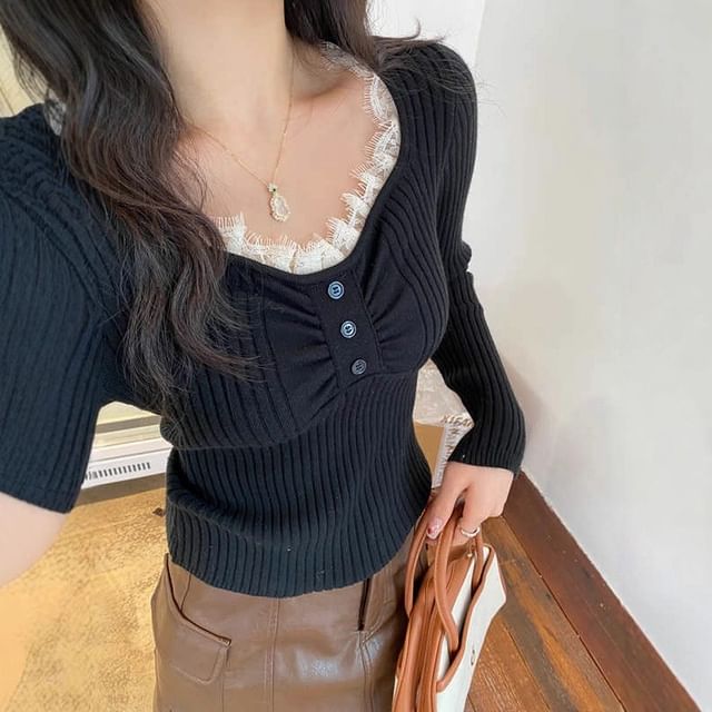 Ribbed Knit V-Neck Long Sleeve Top with Lace Trim