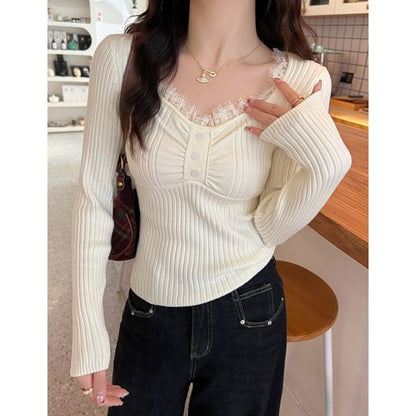 Ribbed Knit V-Neck Long Sleeve Top with Lace Trim
