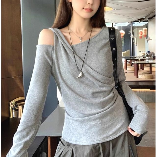Cold Shoulder Plain Long Sleeve Fitted Tee