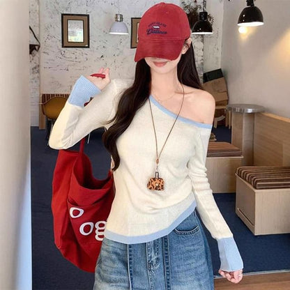Off-Shoulder Ribbed Knit Slim Top with Contrast Trim