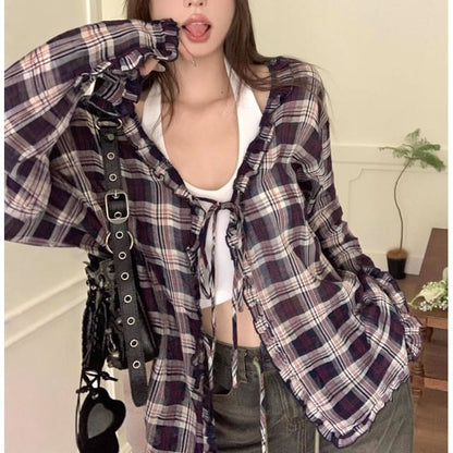 Plaid Tie-Front Blouse with Ruffled Trim and V-Neck