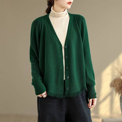 Batwing-Sleeve V-Neck Fringed Button-Up Plain Cardigan
