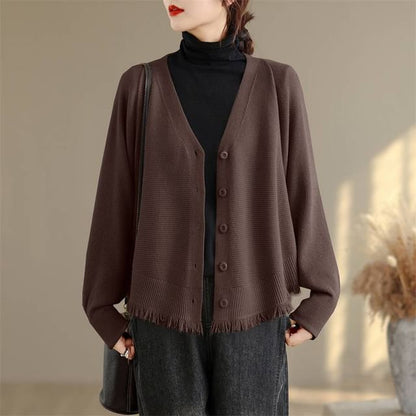 Batwing-Sleeve V-Neck Fringed Button-Up Plain Cardigan