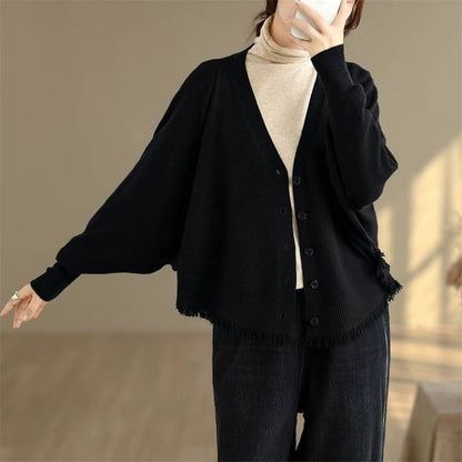 Batwing-Sleeve V-Neck Fringed Button-Up Plain Cardigan