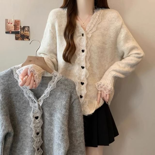 V-Neck Plain Lace Trim Cardigan