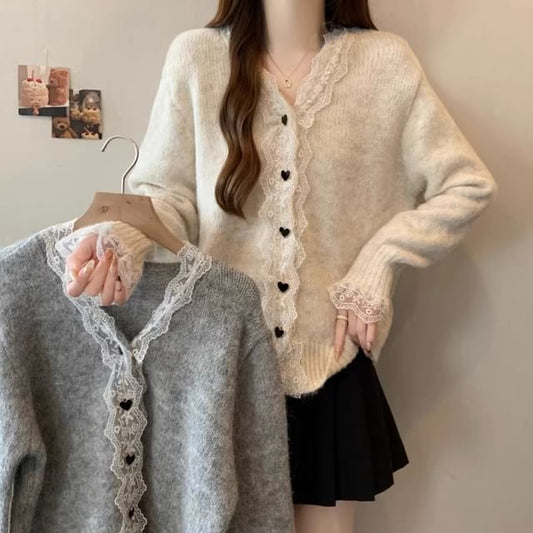 V-Neck Plain Lace Trim Cardigan