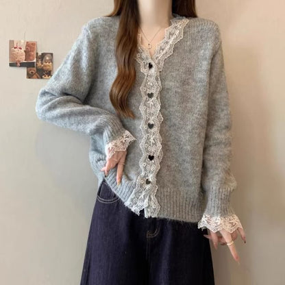 V-Neck Plain Lace Trim Cardigan