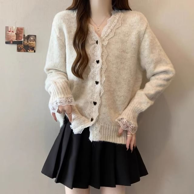 V-Neck Plain Lace Trim Cardigan