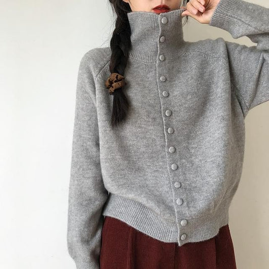 Stand Collar Plain Button Up Cardigan
