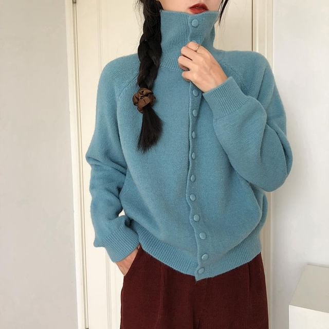 Stand Collar Plain Button Up Cardigan