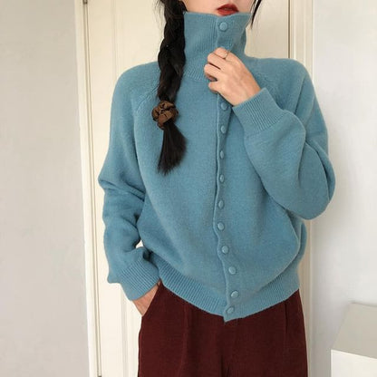 Stand Collar Plain Button Up Cardigan